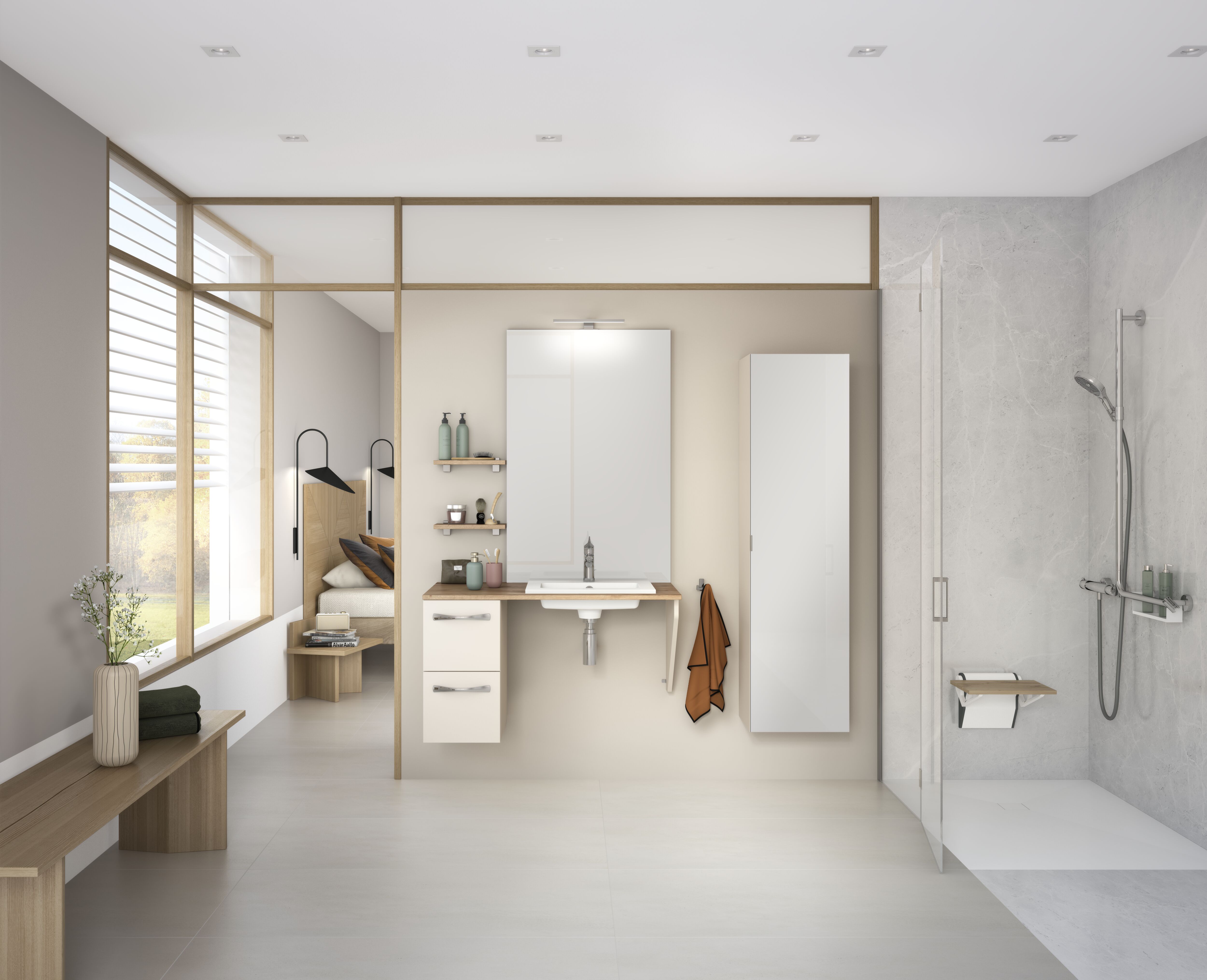 Salles de bain pmr Delpha Astral craie chêne ambré