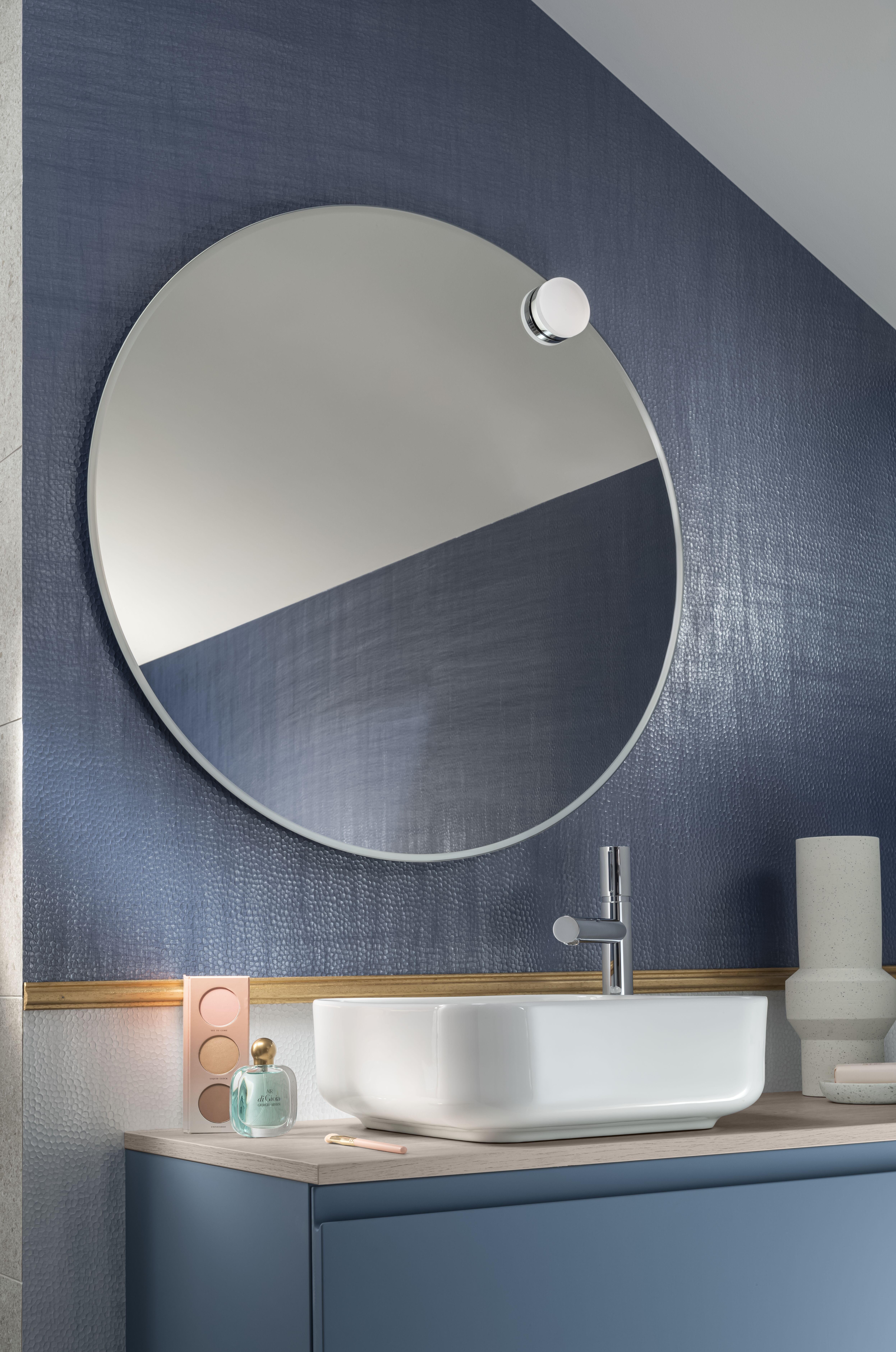 Miroir Rond + Salle de bains Velours Bleu horizon vert aloé mat