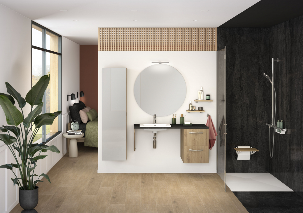 Salle de bains Delpha Personne à Mobilité réduite en chêne ambré structuré et grès noir structuré